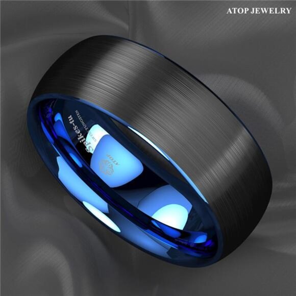 Men's Wedding Band Rings - Dome Brushed Blue Black - Wedding Rings - Picture 9 of 9